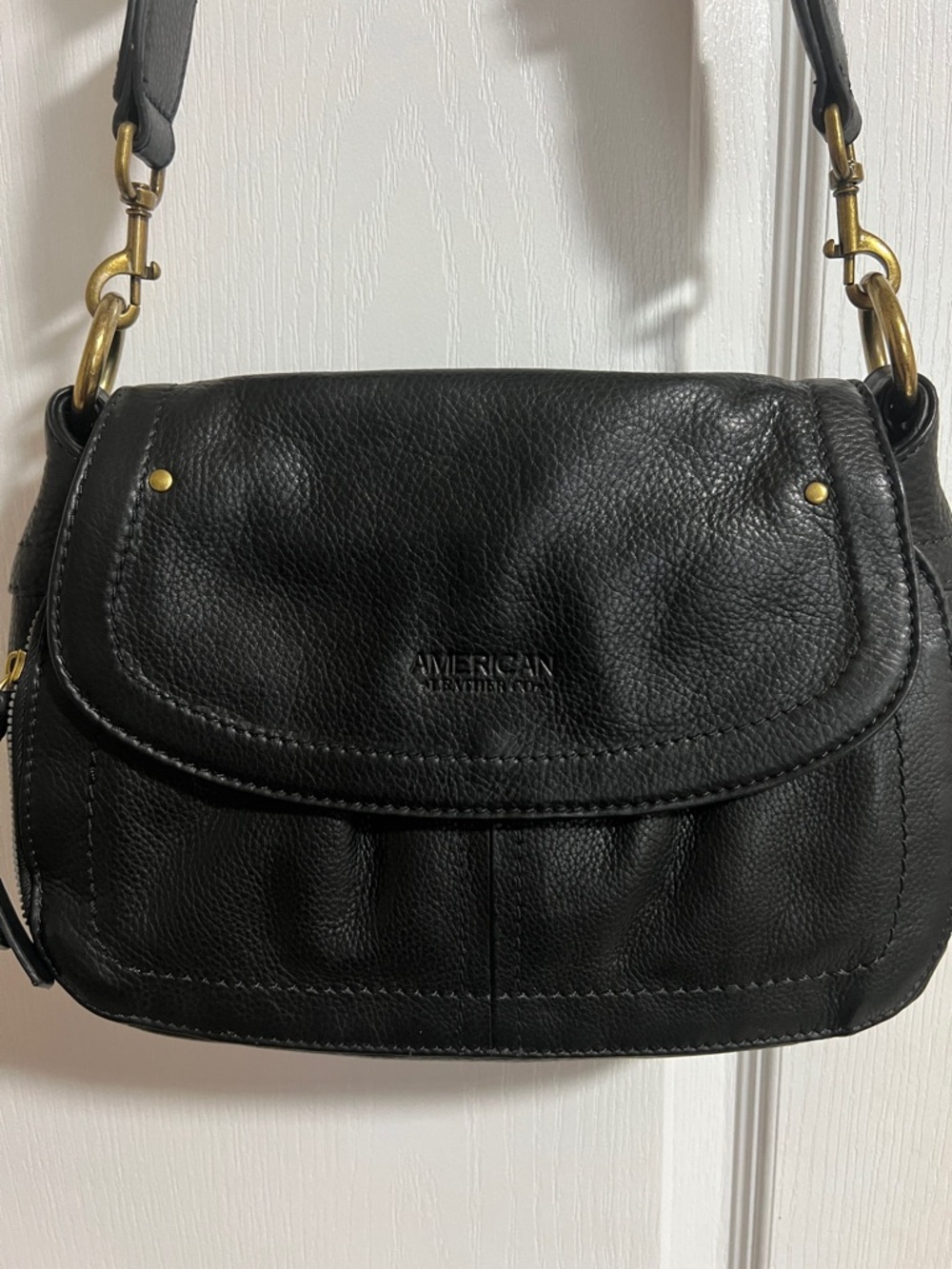 American Leather Co Black Leather Crossbody with Striped Canvas Strap - Picture 10 of 15